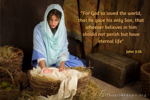 Mary with Baby Jesus in a manger and bible verse from John 3_16