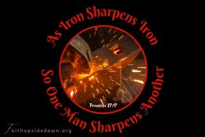 Hot sparks flying off of anvil with scripture verse Proverbs 27_17