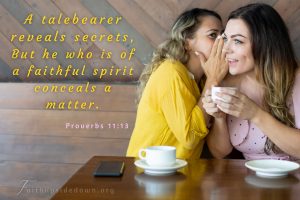 girl whispering to another girl and the scripture verse proverbs 11:13