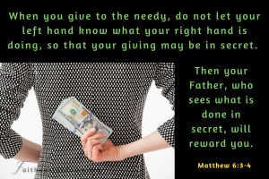 woman holding money behind her back with Scripture verse Matthew 6 3_4