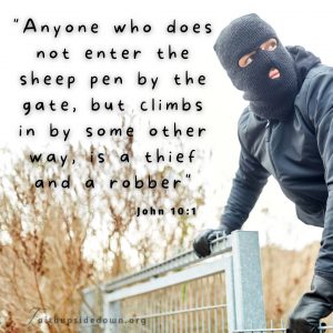 Masked man climbing over a gate and the Scripture verse John 10:1